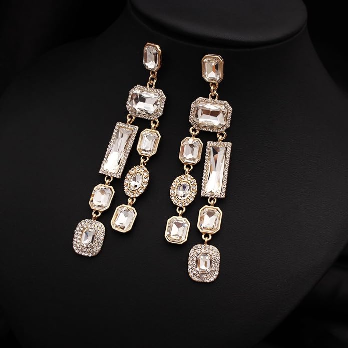 Vintage Rectangle Teardrop Chandelier Earrings, Art Deco Wedding Austrian Crystal Drop Dangle Earrings for Women Party Prom