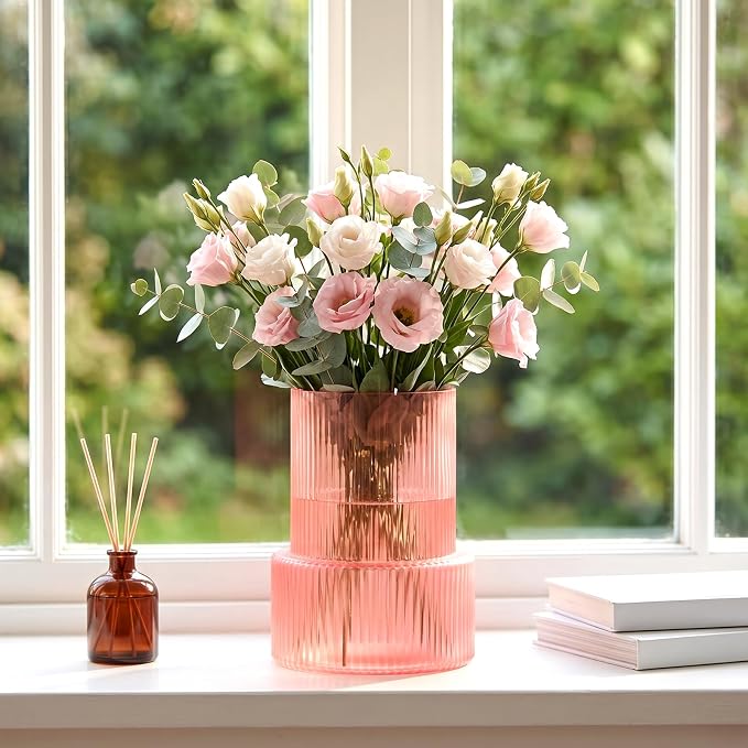 Pink Ribbed Glass Vase, Modern Decorative Flower Vase | Home Decor, Living Room - Image 7