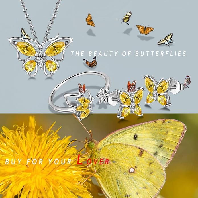 925 Sterling Silver Birthstone Butterfly Jewelry Women Crystal Animal Cute Butterflies Birthday Necklace/Earring/Ring/Bracelet Sets Birth Stone Statement Anniversary Jewellery