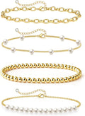 Zeffy Gold Pearl Beaded Bracelet for Women, 14K Gold Plated Jewelry Set With Paperclip Link Chain, Trendy Stack Bracelets