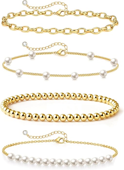 Zeffy Gold Pearl Beaded Bracelet for Women, 14K Gold Plated Jewelry Set With Paperclip Link Chain, Trendy Stack Bracelets
