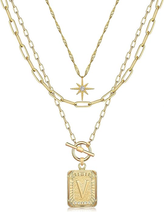 MJartoria Layered Initial Necklaces for Women Trendy, 14K Gold Plated Brass Simple Star Choker Square Letter Pendant Necklace, Paperclip Chain Necklaces Jewelry Gifts