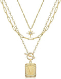 MJartoria Layered Initial Necklaces for Women Trendy, 14K Gold Plated Brass Simple Star Choker Square Letter Pendant Necklace, Paperclip Chain Necklaces Jewelry Gifts