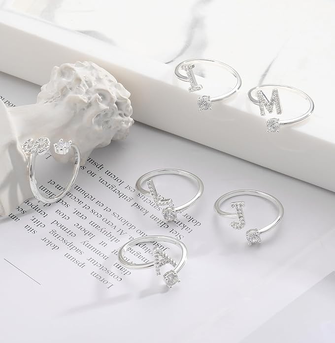 Valentines Day Gifts Gold Silver Initial Rings for Women Non Tarnish Dainty 14k Gold Plated Stackable Rings for Women Trendy Adjustable Letter Cubic Zirconia Pinky Ring Cute Open Birthday Gift Jewelry