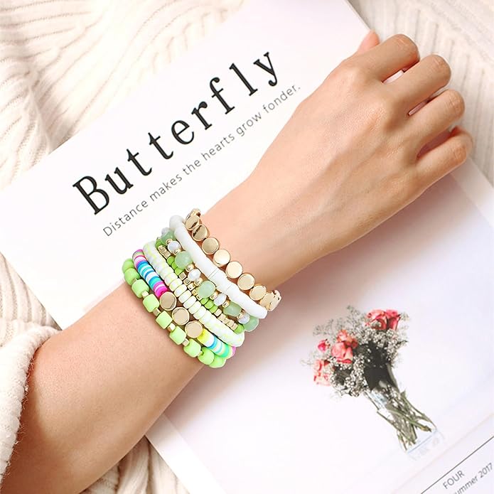 GOOJIDS Surfer Heishi Clay Bead Bracelets for Women Bohemian Stackable Gold Plated Beaded Stretch Bracelets Elastic Layering Friendship Bracelets Set Boho Jewelry