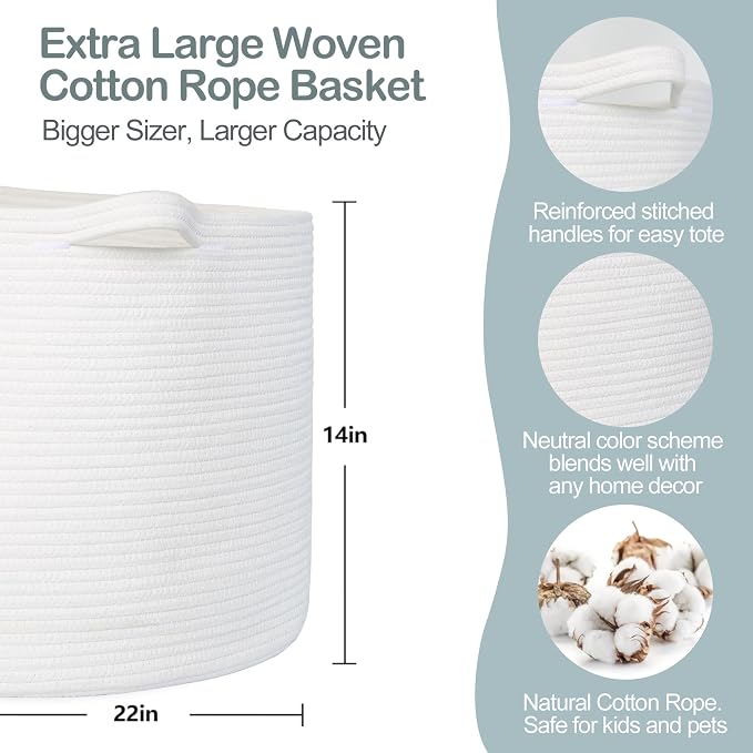White Cotton Rope Storage Basket, XL Soft Toy Bin - Image 2