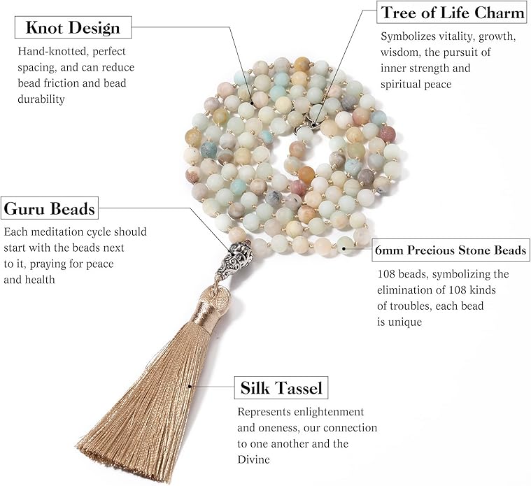 INBLUE 108 Mala Prayer Beads Wrap Necklace with Long Tassel Boho Necklace for Women Amazonite Bead Bracelet with Spiritual Tree of Life Pendant 108 Beads Necklace for Meditation