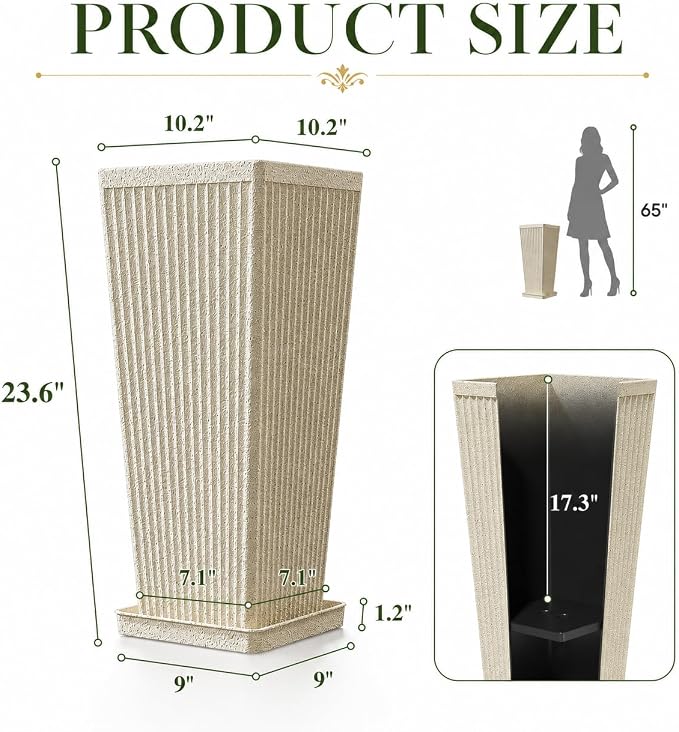 24" Tall Planters for Outdoor Plants Set of 2 Square Fluted, Tall Indoor Flower - Image 2
