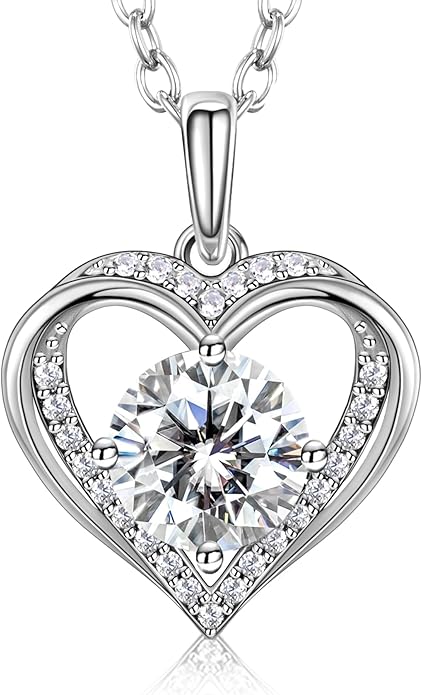 NORBU Moissanite Necklace for Women, 1 CT D Color VVS1 Clarity Round Cut, 925 Sterling Silver Heart Necklace with 18K White Gold Plated, Jewelry Gift for Wedding Anniversary Birthday Christmas Valentine's Day