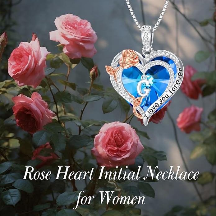 PELOVNY Rose Heart Initial Necklaces for Women S925 Sterling Silver Alphabet Letter Crystal Necklace Initial Pendant Jewelry Gifts for Mom Daughter Wife
