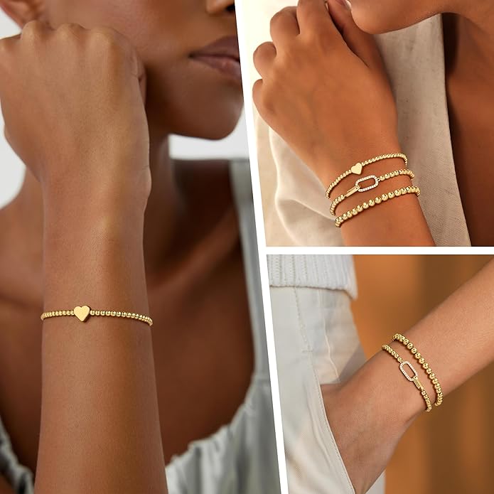 Turandoss Gold Bracelets for Women - Dainty 14K Gold Plated Bow Cross Beaded Bracelets for Women Stackable Heart Bead Bracelet Set Wave CZ Round Ball Bracelet Valentine's Day Gifts for Her
