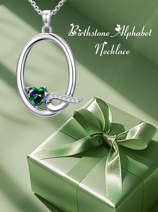 Valentines Day Gifts for Women Alphabet A to Z Initial Birthstone Pendant Necklaces for Women - 18k White Gold Plated Personalized Name Jewelry Valentine Mothers Day Birthday Gifts for Women Her Girlfriend