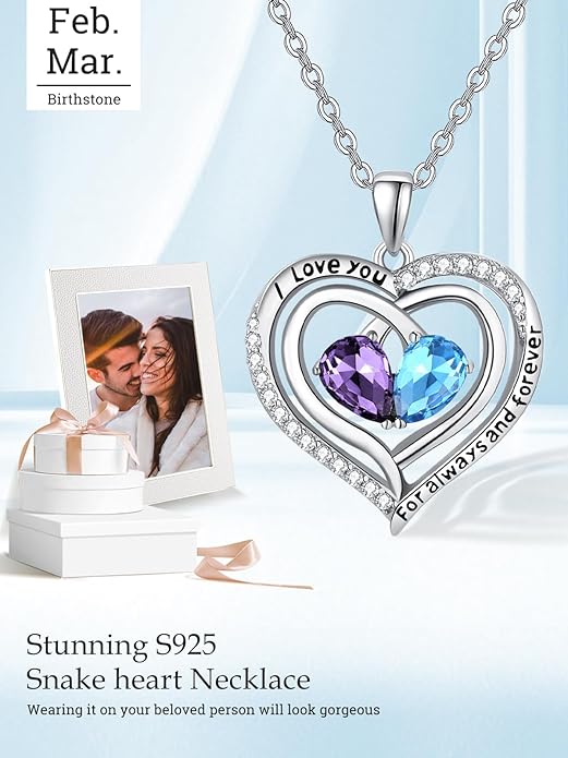 Valentine's Day Gifts for Wife 925 Sterling Silver Double Birthstone Pendant Necklaces I Love You for Always and Forever Necklace Anniversary Birthday Gifts for Wife Girlfriend Mom Her