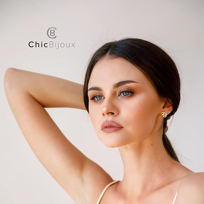 Chic Bijoux Knot Earrings for Women – With Round Cubic Zirconia stones and 925 Sterling Silver – Gift for Her Birthday, Rose Gold Jewelry
