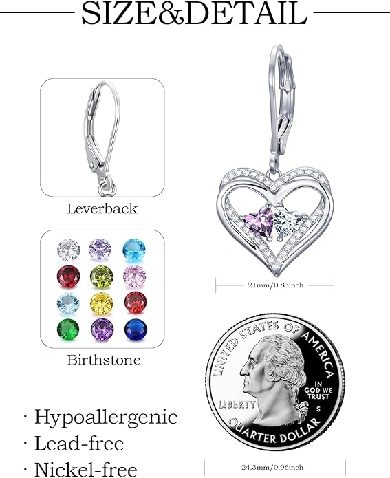 Valentines Day Gifts for Women, Heart Leverback Earrings Double Birthstone Dangle Earrings for Women, Love Jewelry for Her, Anniversary Birthday Gift for Mom Wife Girlfriend