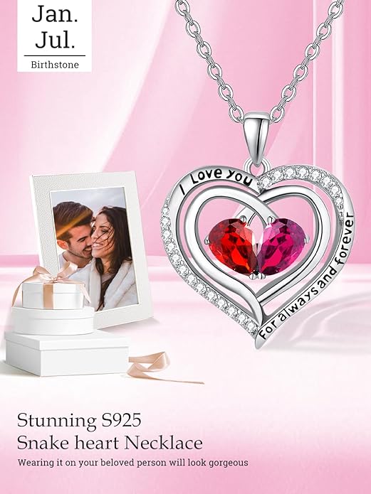 Valentine's Day Gifts for Wife 925 Sterling Silver Double Birthstone Pendant Necklaces I Love You for Always and Forever Necklace Anniversary Birthday Gifts for Wife Girlfriend Mom Her