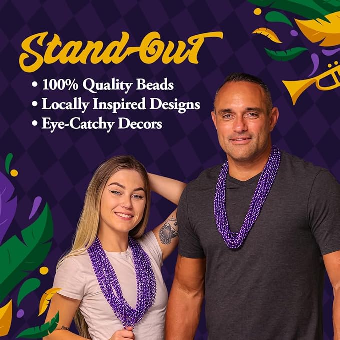 THE MARDI GRAS KREWE - Beads Necklaces Mardi Gras 72 Pack, 6 Dozen 33" 7mm - Party Favors, Parades, Bulk Decorations, Costumes, Festivals, Events - Purple