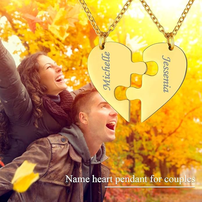 FindChic Personalized Matching BFF Necklace for 2/3/4/5/6 Puzzle Name Heart Pendant Stainless Steel Couple Necklace Set Customized Necklaces for Teen Girls