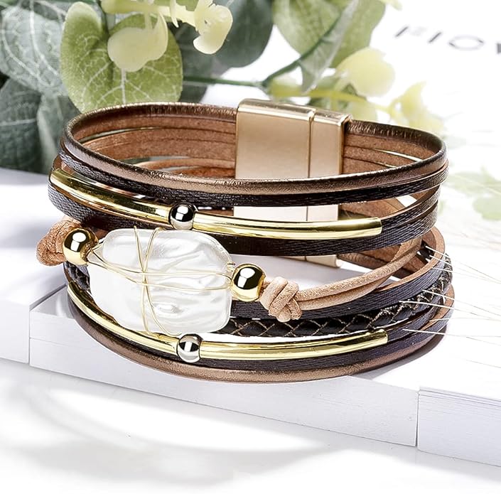Fesciory Leopard Bracelet for Women, Boho Leather Wrap Multi-Layer Pearl Crystal Bracelet Bangle Jewelry