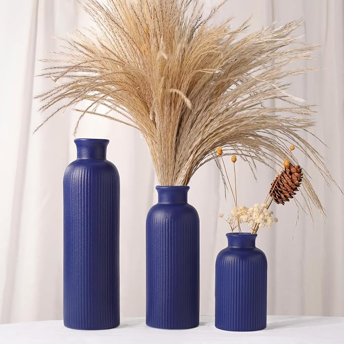 Small Navy Blue Ceramic Vase Set of 3, Boho Modern Navy Blue Flower Vase Room - Image 2
