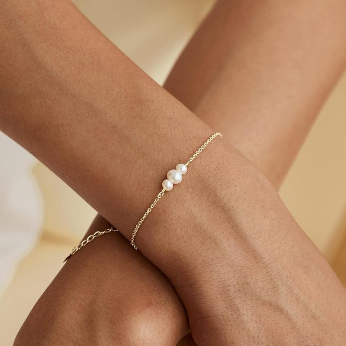 SLOONG Valentines Day Gifts for Her Gold Pearl Bracelets, 18K Real Gold Plated Dainty Stackable Snake Chain CZ Heart Pendant Bracelets, Layered Waterproof Jewelry Gift for Women Adjustable 6"+2"