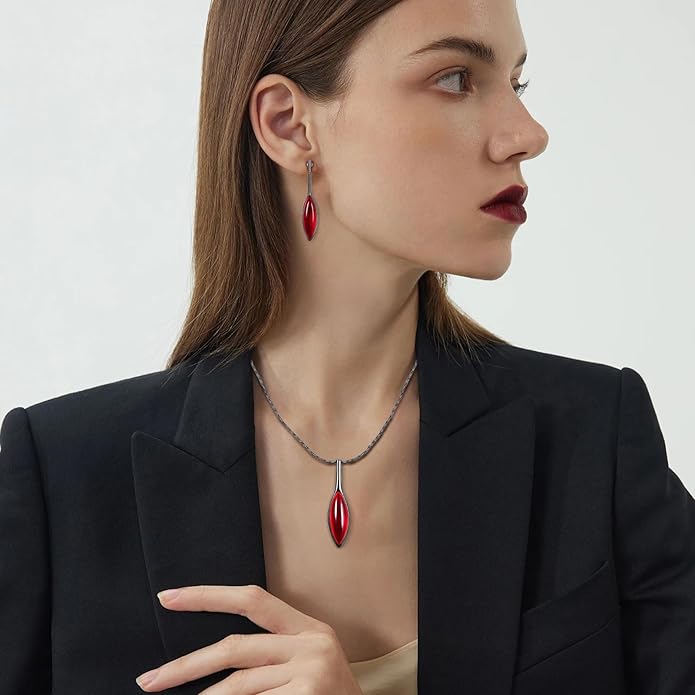 Red Jewelry Sets for Women Leaf Cat's Eye Stone Pendant Necklace and Earring Sets Dangling Sets Birthday Anniversary Wedding Mother’s Day Gifts for Women