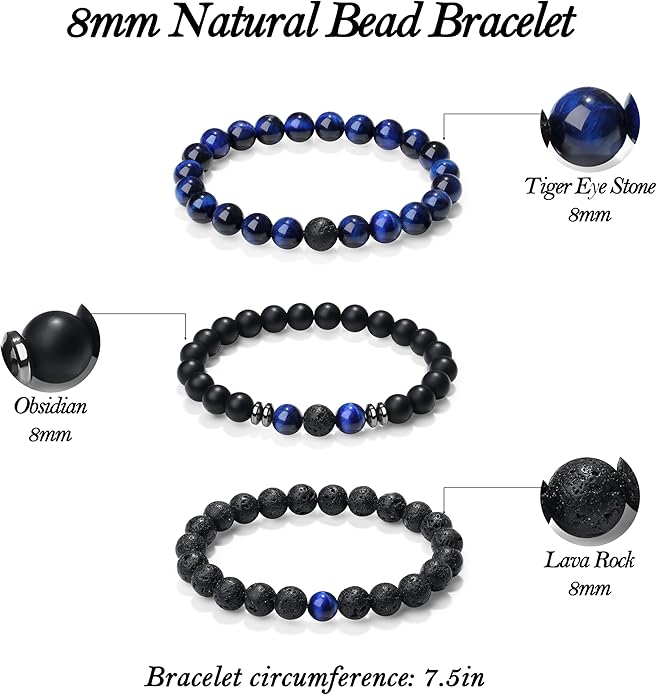 XIANNVXI Natural Stone Beads Bracelet for Men Crystal Bracelets 8MM Tiger Eye Lava Rock Obsidian Beaded Bracelet Set Black/Red/Blue Crystal Beaded Bracelets for Men