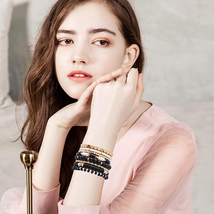 GOOJIDS Surfer Heishi Clay Bead Bracelets for Women Bohemian Stackable Gold Plated Beaded Stretch Bracelets Elastic Layering Friendship Bracelets Set Boho Jewelry
