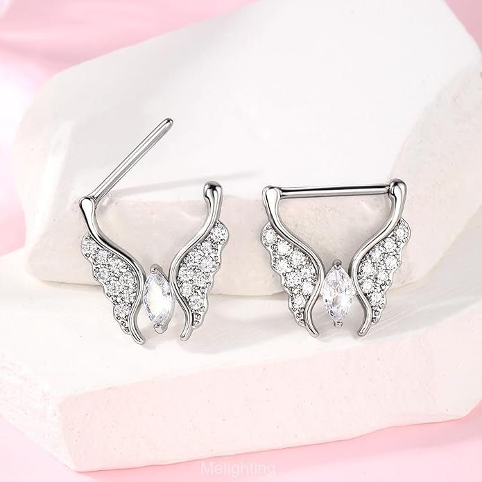 Melighting Butterfly Nipple Rings 14G Nipple Piercing 316L Stainless Steel Nipple Clicker Nipple Jewelry Clear CZ Nipple Piercing Jewelry For Women 14 mm