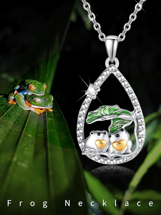 KINGWHYTE Frog Necklace 925 Sterling Silver Animal Necklace Couple Frog Pendant Necklace with Cubic Zirconia Birthday Christmas Jewelry Gifts for Women