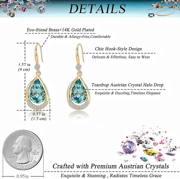 Austrian Crystal Halo Teardrop Hollow Drop Dangle Earrings for Women 14K Rose Gold Plated Hypoallergenic Jewelry Gifts