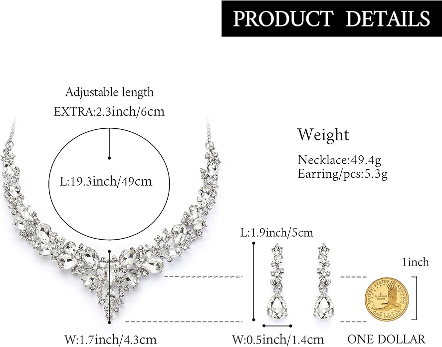 BriLove Women's Wedding Bridal Austrian Crystal Teardrop Cluster Statement Necklace Dangle Earrings Jewelry Set