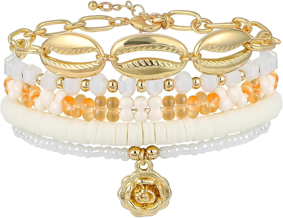 Shell Bracelet Seashell Boho Beaded Stretch Bracelets for Women Summer Beach Bracelets Starfish Charm Bracelet Stackable Gold Plated Bracelets Set for Women