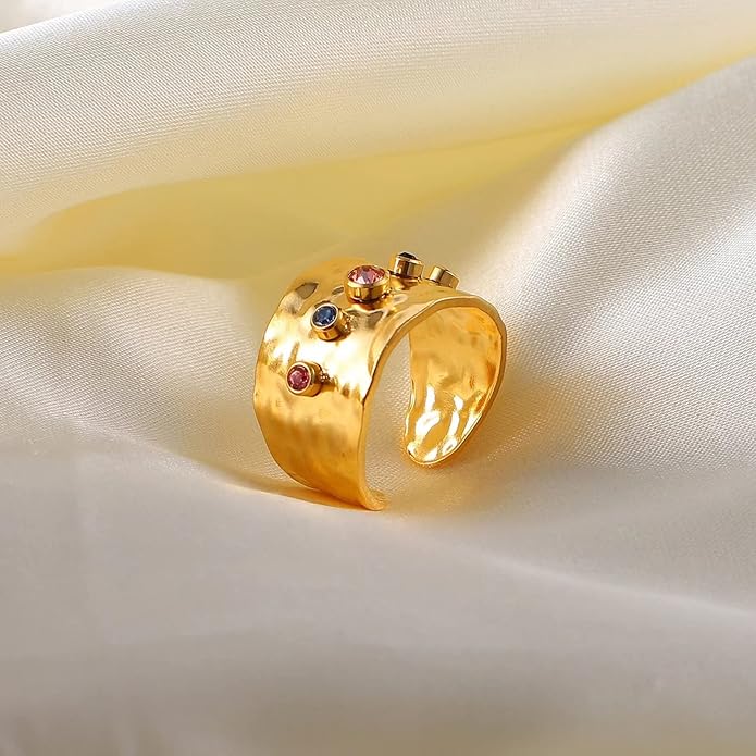 18K Gold Plated Wide Rings,Zirconia Stainless Steel Adjustable Rings for Women,Fashion Jewelry for Women