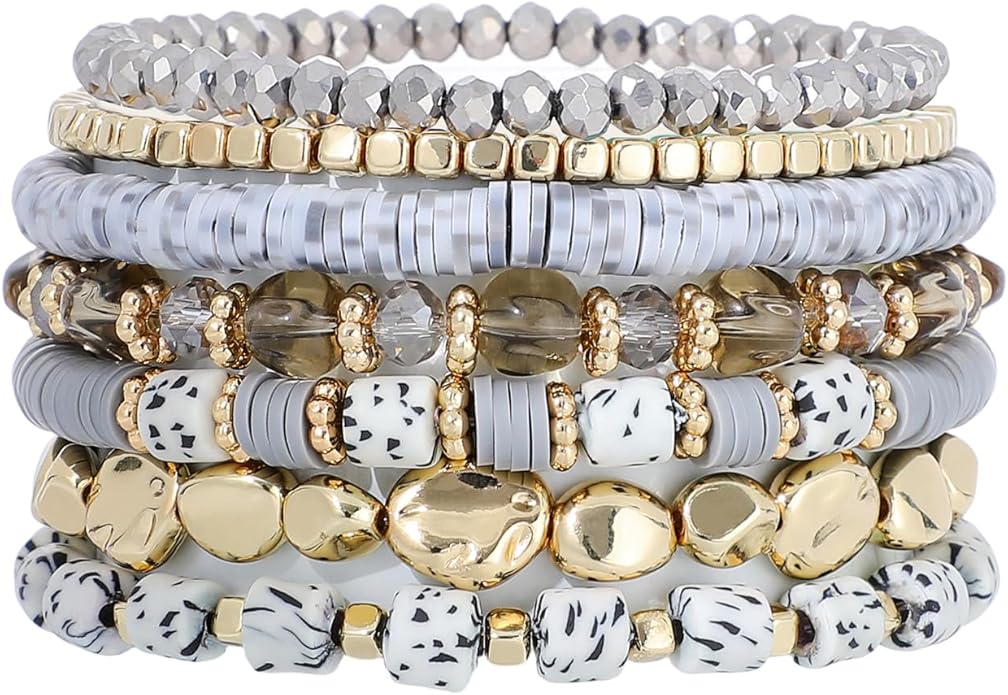 GOOJIDS Surfer Heishi Clay Bead Bracelets for Women Bohemian Stackable Gold Plated Beaded Stretch Bracelets Elastic Layering Friendship Bracelets Set Boho Jewelry