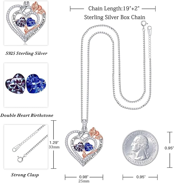 Iefil Valentines Day Gifts for Her Wife - 925 Sterling Silver Double Birthstone Necklace, Anniversary Birthday Gifts for Women, Jewelry Gift for Wife Girlfriend Mom Her