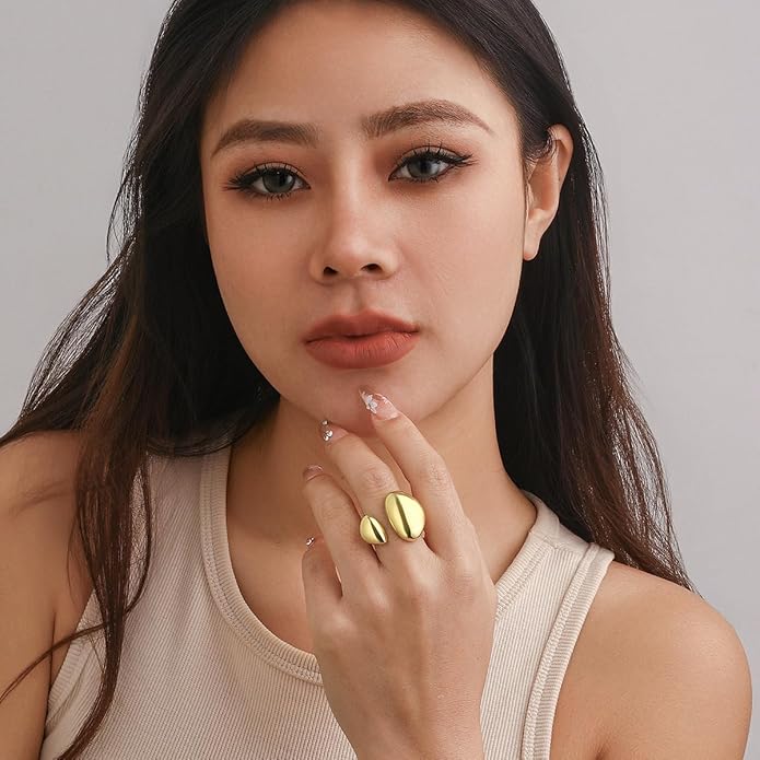 MIFYNN Chunky Gold Rings for Women Gold Silver Adjustable Thick Ring Fashion Statement Ring Open Dome Ring Chunky Silver Rings Geometric Curved Minimalist Simple Rings
