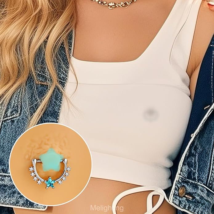 Melighting 14G Star Nipple Rings Steel 316L Nipple Piercing Jewelry Clear CZ Nipple Bars Clicker Nipple Barbell For Women Men 14mm