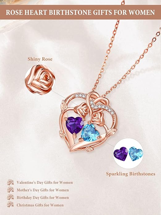 Rose Gold Necklaces for Women Double Birthstone Rose Flower Heart Pendant Necklace Jewelry Anniversary Christmas Valentine's Mother's Day Birthday Gift for Wife Mom Her Girlfriend Sister