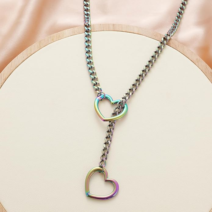 Heart Slip Chain Necklaces for Women,Stainless Steel O-Ring Adjustable Lariat Y-Necklace,Punk Gothic Cuban Collar Choker Necklace for women