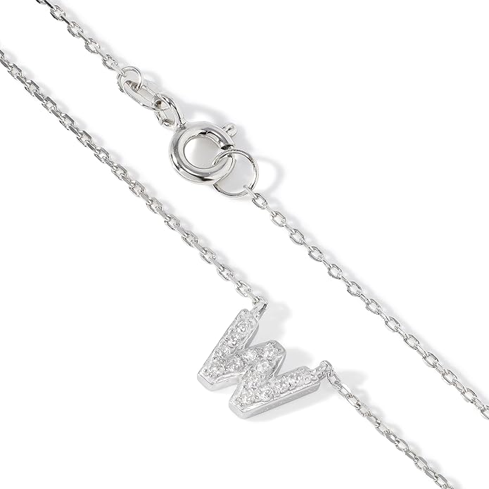 JTV Sterling Silver Initial Necklace for Women, 0.13 CTW White Cubic Zirconia Letter Pendant, Rhodium-Plated, Personalized Monogram Jewelry, Gift Box Included, 18”