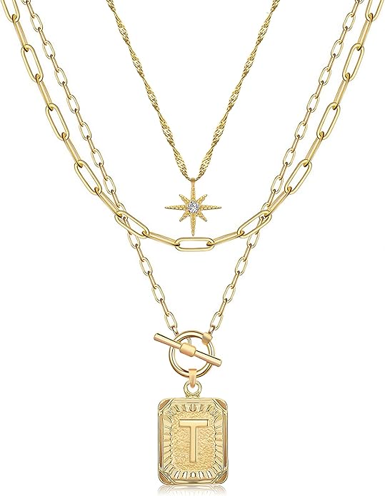 MJartoria Layered Initial Necklaces for Women Trendy, 14K Gold Plated Brass Simple Star Choker Square Letter Pendant Necklace, Paperclip Chain Necklaces Jewelry Gifts