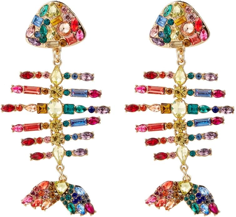 Gold Colorful Acrylic Rhinestone Fishbone Earrings Exaggerated Fish Animal Long Pendant Earrings Metal Studs Jewelry for Women Gift