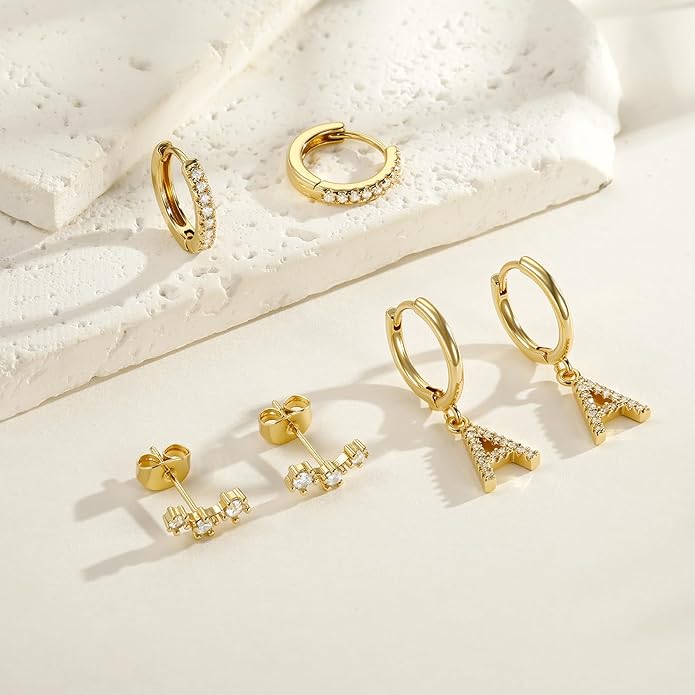 Valentines Day Gifts for Kids Girls - 3 Pairs Gold Earrings for Women Huggie Hoop Earrings for Girls with Initial Dangle Cartilage Earring Studs Hypoallergenic Earring Set for Multiple Piercing