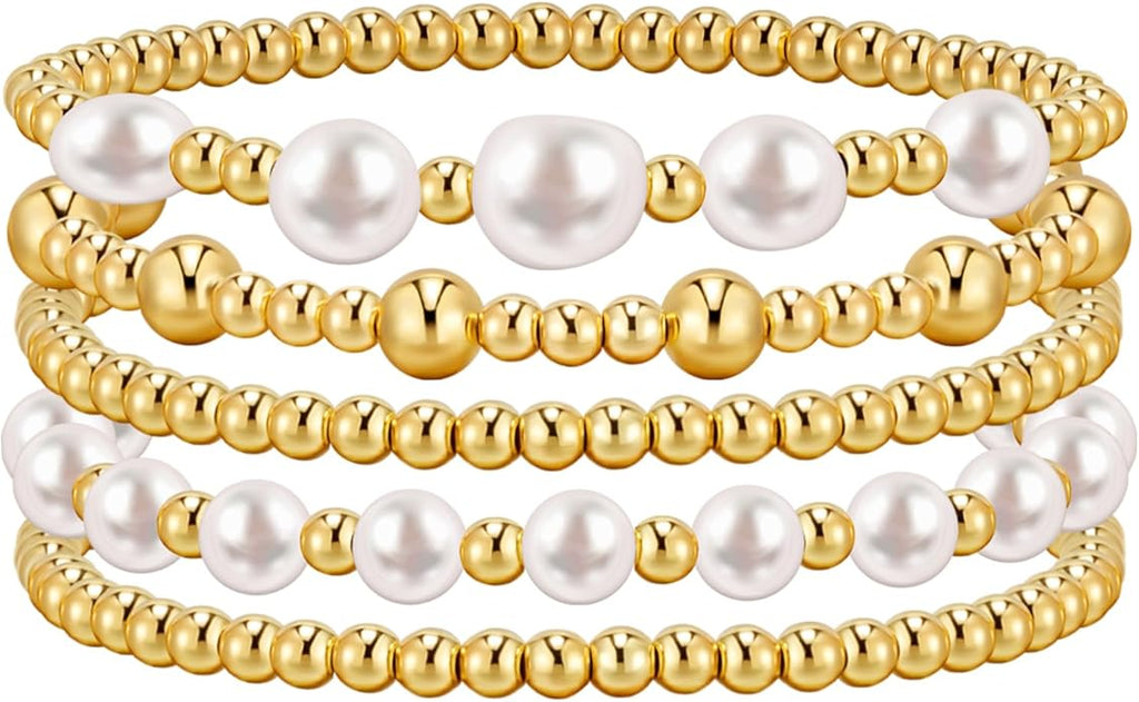 adoyi Gold Bracelets for Women Beaded Bracelet 14K Gold Plated Bracelet Stack Strand Stretch Bead Ball Bracelet Set Stackable Bracelet Adjustable Bracelet Set Jewelry for Gifts