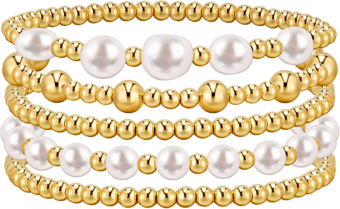 adoyi Gold Bracelets for Women Beaded Bracelet 14K Gold Plated Bracelet Stack Strand Stretch Bead Ball Bracelet Set Stackable Bracelet Adjustable Bracelet Set Jewelry for Gifts
