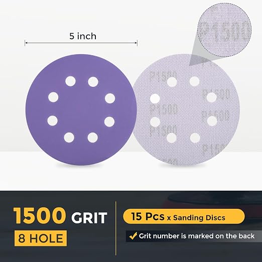 HARFINGTON 15Pcs 5Inch Sanding Disc 8 Hole 1500Grit Purple Aluminum Oxide | - Image 2