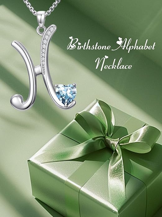 Valentines Day Gifts for Women Alphabet A to Z Initial Birthstone Pendant Necklaces for Women - 18k White Gold Plated Personalized Name Jewelry Valentine Mothers Day Birthday Gifts for Women Her Girlfriend