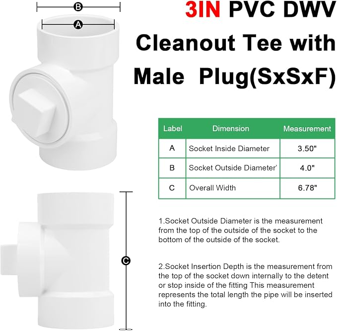 3IN PVC DWV Cleanout Tee with Plug Pipe Fitting SCH40 3IN DWV PVC Sewer - Image 2
