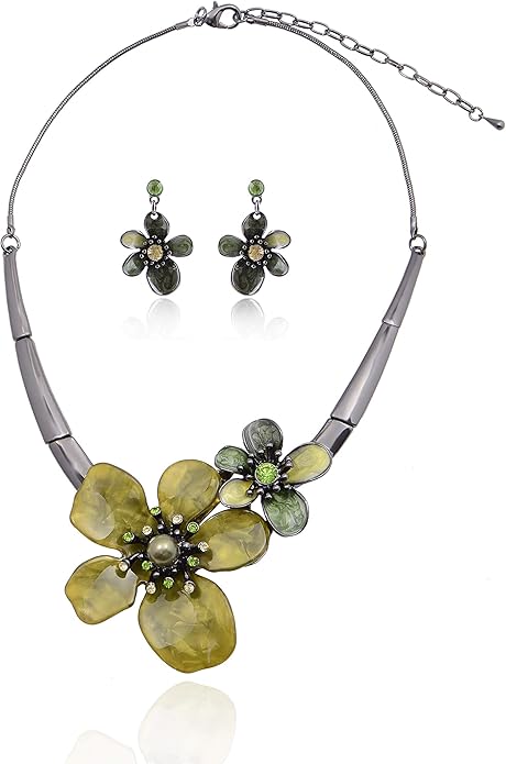 AMYJANE Vintage Statement Jewelry Set - Spring Leaf Flower Floral Plant Necklace Earring Set Crystal Rhinestone Fashion Costume Jewelry for Women Prom Party Unique Gift